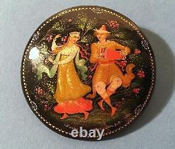 1991 Vintage Russian Lacquer Pin Brooch from Palekh Signed by Artist, USSR