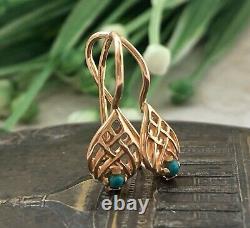 Amazing Vintage USSR Soviet Russian Rose Gold 585 14k Earrings Natural Turquoise