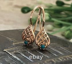 Amazing Vintage USSR Soviet Russian Rose Gold 585 14k Earrings Natural Turquoise