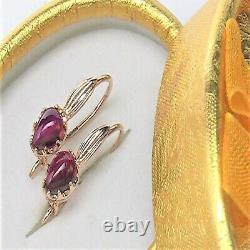 USSR Original Vintage Russian Rose Gold 585 14k Earrings Garnet Stone Soviet