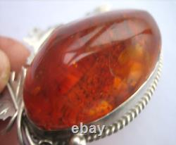 VINTAGE Russian Soviet USSR Baltic Amber Maple Leaves Large Silver Brooch 1950s