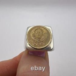 VINTAGE USSR MEN'S JEWELRY Ring Sterling Silver 875 Russian Soviet Coin Size 9.5
