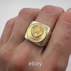 VINTAGE USSR MEN'S JEWELRY Ring Sterling Silver 875 Russian Soviet Coin Size 9.5