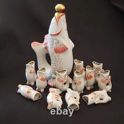 Vintage Fish Decanter Stopper Glasses 12 USSR Russian Porcelain 10½ Tall READ