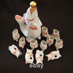Vintage Fish Decanter Stopper Glasses 12 USSR Russian Porcelain 10½ Tall READ