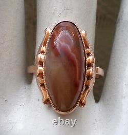 Vintage Russian Russia USSR Solid 14K 583 Rose Pink Gold Moss Banded Agate Ring