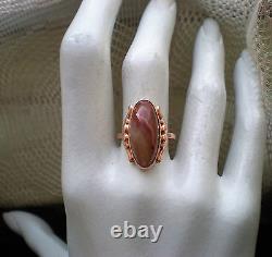 Vintage Russian Russia USSR Solid 14K 583 Rose Pink Gold Moss Banded Agate Ring