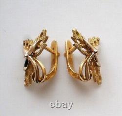 Vintage Russian Soviet USSR 18K 750 Yellow White Gold Leaf Filigree EARRINGS