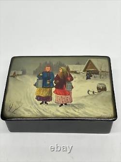 Boîte en papier mâché laqué russe de l'ère soviétique peinte à la main vintage Fedoskino URSS