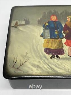 Boîte en papier mâché laqué russe de l'ère soviétique peinte à la main vintage Fedoskino URSS
