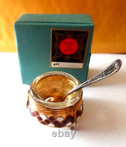 Pot à sel vintage soviétique russe avec cuillère dans sa boîte d'origine fabriqué en URSS