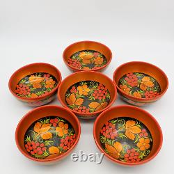 Service à soupe Khokhloma de l'URSS avec soupière, couvercle, louche, 6 bols et 6 cuillères en art populaire vintage.